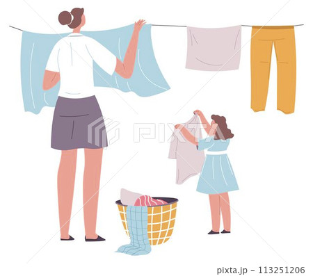 Mom hanging washed clothes, daughter helping her 113251206