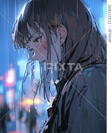涙する女性イラスト・雨天「AI生成画像」のイラスト素材
