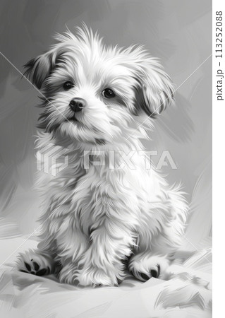 Captured in a soft grey light, this young, soulful-eyed puppy black and white fur 113252088