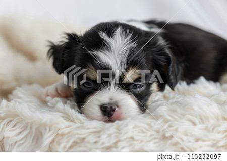 This snoozing puppy, cradled in a cloud of fluffy white 113252097