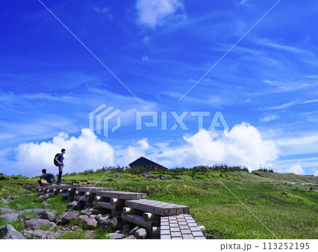 青空の湿原にてたそがれる男性 113252195