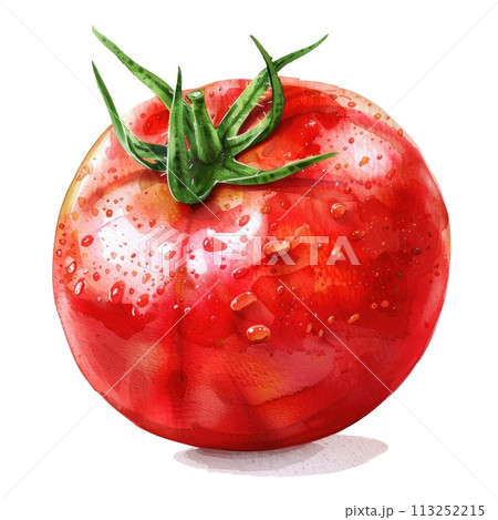 A ripe and shiny tomato is exquisitely painted in watercolor A ripe and shiny tomato is exquisitely painted in watercolor 113252215