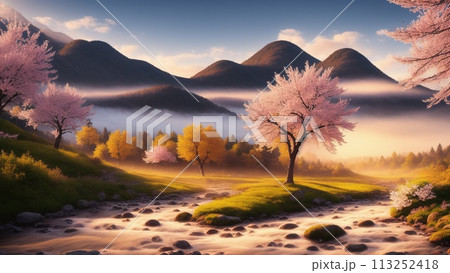 mountains and sakura mountains and sakura 113252418