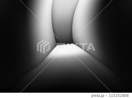 Dark corridor in the room with light at the end. Spooky basement or product display, concept 113252808