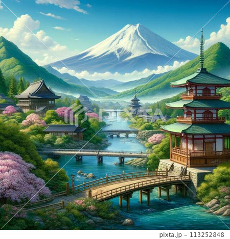 早朝の新倉山公園から望む、忠霊塔と桜 113252848