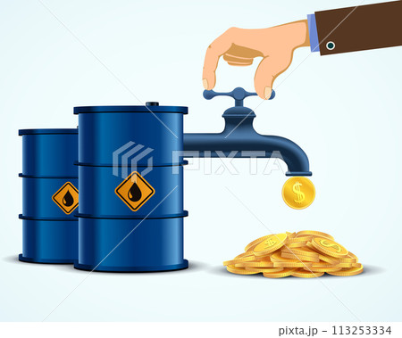 Barrel with oil and valve with dripping coins 113253334