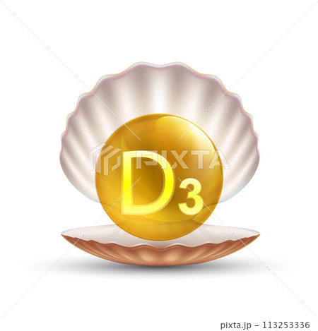 Vitamin D3 pill in a seashell. 113253336