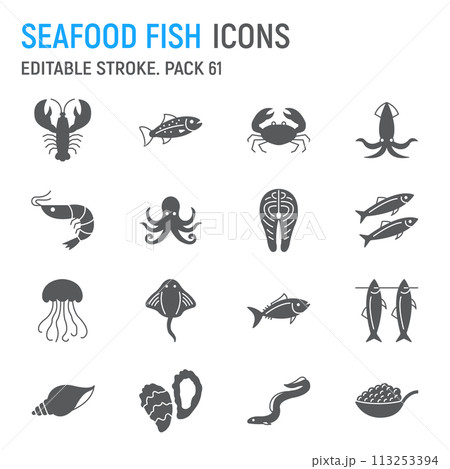 Seafood and fish glyph icon set 113253394
