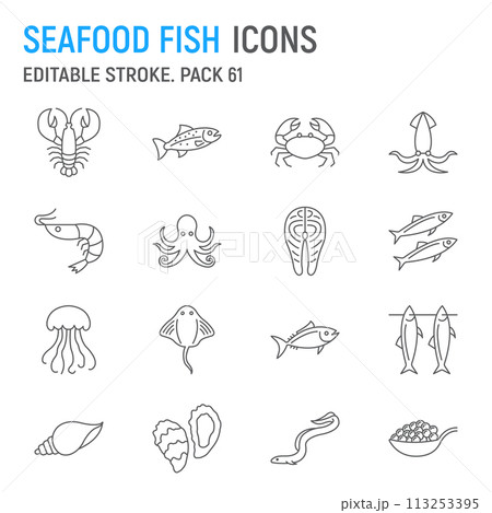 Seafood and fish line icon set 113253395