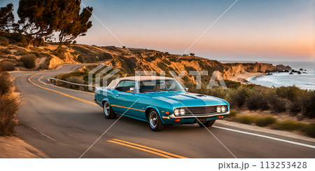 1960s California summer: vintage car cruising coastal highway 1960s California summer: vintage car cruising coastal highway 113253428