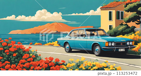1980s car cruising along Italian coastline: minimalist summer scene 113253472