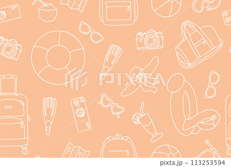 Hand drawn set of summer holiday elements, luggage, swimwear and beach accessories. Travel element drawn in doodle style. Illustration for banner, background, badge, logo design. Vector 113253594