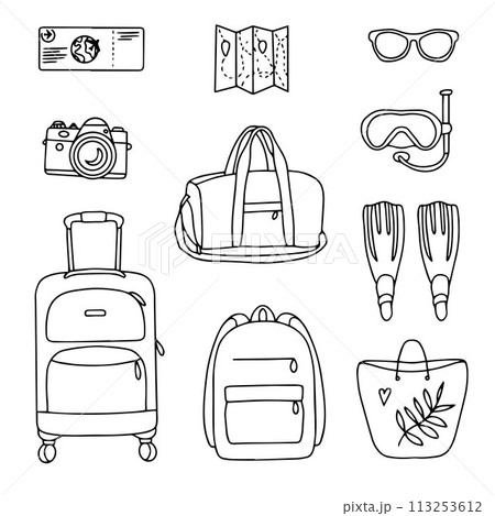 Hand drawn set of summer holiday elements, luggage, swimwear and beach accessories. Travel element drawn in doodle style. Illustration for banner, background, badge, logo design. Vector 113253612