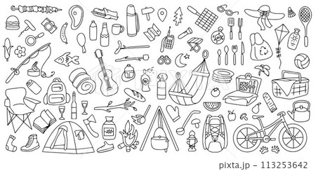 Hand drawn picnic, travel and camping theme. Vector illustration 113253642