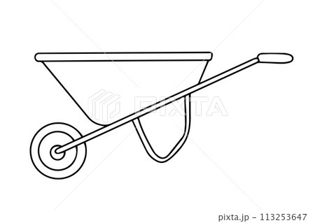 Wheelbarrow for the garden icon. Vector Illustration of Black Line Garden Wheelbarrow Doodle. Hand wheelbarrow for gardening and construction tools isolated on white background. Vector illustration 113253647