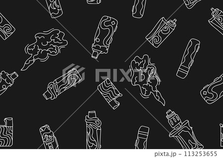Set of electronic cigarettes with doodles isolated on white background. Modern illustration of smoking, vaping and nicotine. Quit smoking and vaping. Vector illustration Set of electronic cigarettes with doodles isolated on white background. Modern illustration of smoking, vaping and nicotine. Quit smoking and vaping. Vector illustration 113253655