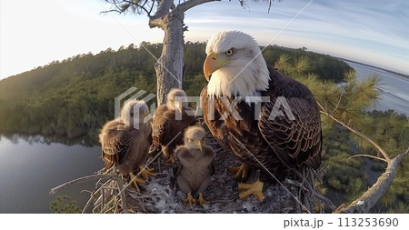 Majestic Bald Eagle and Its Eaglets in the Nest. Biodiversity, Birdwatching, Wildlife. AI Generated 113253690