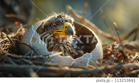 Cute Newborn Eaglet Peering From Its Eggshell In A Nest. Biodiversity, Birdwatching. AI Generated 113253691