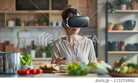 Woman Using VR Headset While Cooking, Interactive Culinary Experience, Modern Kitchen, AI Generated 113253692