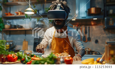 Black Man in VR Headset While Cooking, Interactive Culinary Experience, Modern Kitchen, AI Generated 113253693