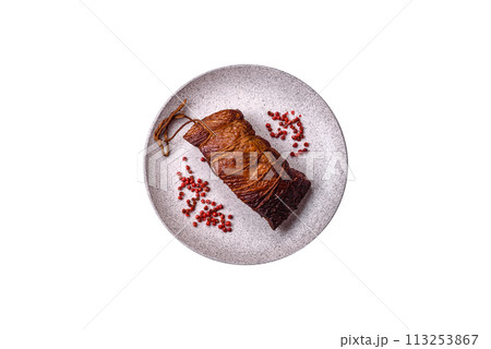 Delicious smoked meat pork or chicken with salt, spices and herbs 113253867
