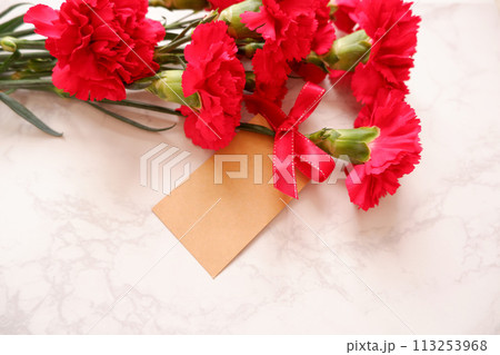 赤いカーネーションの花束とメッセージカード 赤いカーネーションの花束とメッセージカード 113253968
