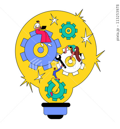 People work to realize an idea, a light bulb, a gear mechanism 113253978