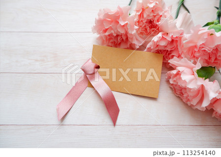 ナチュラルなテーブルの上のカーネーションと便箋 ナチュラルなテーブルの上のカーネーションと便箋 113254140