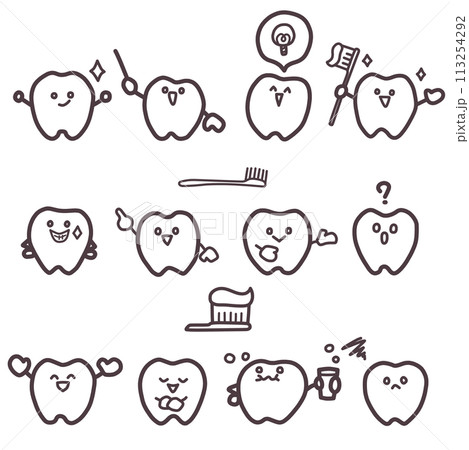 歯をデフォルメしたキ ャラクターがいろんな表情やポーズをしている線画セット 113254292