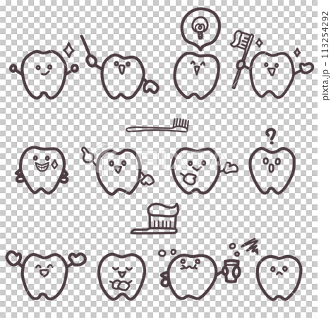 歯をデフォルメしたキ ャラクターがいろんな表情やポーズをしている線画セット 113254292