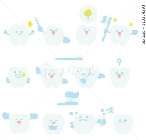 歯をデフォルメしたキャラクターがいろんな表情やポーズをしているカラーイラストセット 113254293