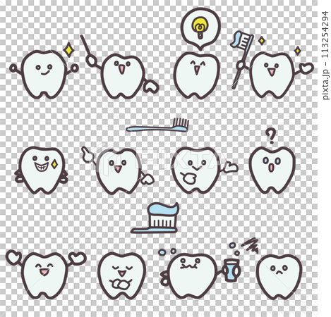 A color illustration set of deformed tooth characters with various expressions and poses 113254294