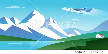 Beautiful abstract landscape with mountains, panoramic view illustration. Summer, nature, travel 113254346