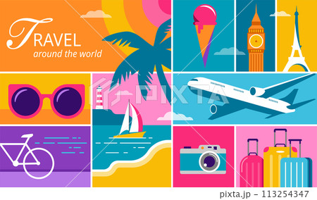 Colorful Geometric Summer and Travel Background, poster, banner. Summer time fun concept design 113254347