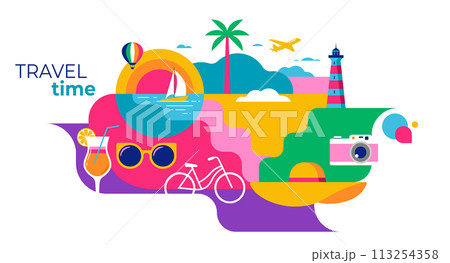 Colorful Geometric Summer and Travel Background, poster, banner. Summer time fun concept design Colorful Geometric Summer and Travel Background, poster, banner. Summer time fun concept design 113254358