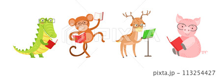 Funny Animal Character Read Book and Interesting Literature Vector Set 113254427