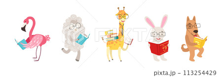 Funny Animal Character Read Book and Interesting Literature Vector Set 113254429
