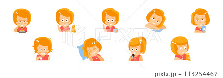 Funny Woman Character with Red Hair in Action with Emotion Vector Set 113254467