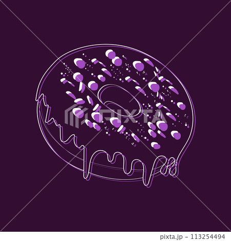A single purple doughnut with colorful sprinkles is arranged neatly on a purple background. The doughnut covered in a smooth purple glaze and topped with an assortment of sprinkles A single purple doughnut with colorful sprinkles is arranged neatly on a purple background. The doughnut covered in a smooth purple glaze and topped with an assortment of sprinkles 113254494