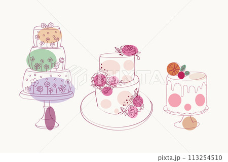 There are three distinct cakes, a chocolate cake, a vanilla sponge cake, and a carrot cake. Each cake is beautifully decorated with frosting, sprinkles, and fruit toppings There are three distinct cakes, a chocolate cake, a vanilla sponge cake, and a carrot cake. Each cake is beautifully decorated with frosting, sprinkles, and fruit toppings 113254510