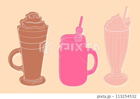 Three distinct beverages are arranged in a line, showcasing their unique colors and textures. Each drink represents a different flavor profile 113254532