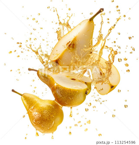 Pear exploding and bursting into pieces with juice splatters in different directions, isolated on a white or transparent background. Fruit explosion, pear juice splashes, side view 113254596