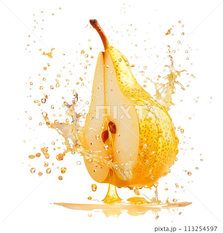 Pear exploding and bursting into pieces with juice splatters in different directions, isolated on a white or transparent background. Fruit explosion, pear juice splashes, side view 113254597