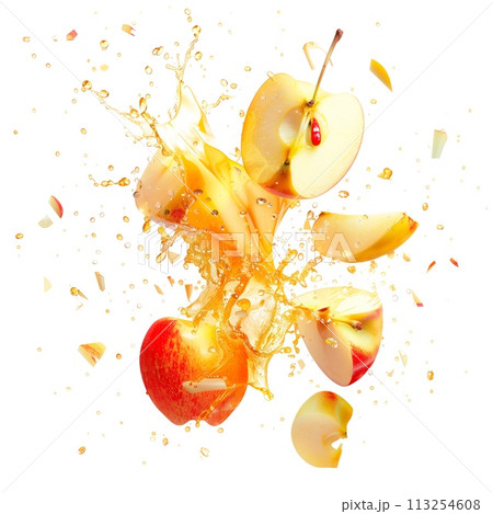 Apple exploding and bursting into pieces with juice splatters in different directions, isolated on a white or transparent background. Fruit explosion, apple juice splashes, side view. 113254608
