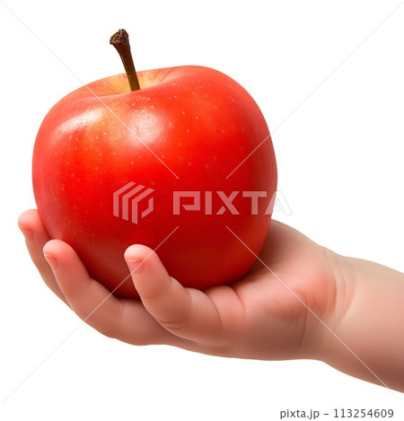 Apple in a child's hand isolated on a white or transparent background. Close-up of apple in hand, side view. Summer ripe fruits, a graphic design element 113254609