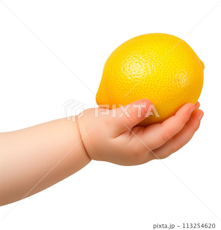 Lemon in a child's hand isolated on a white or transparent background. Close-up of lemon in hand, side view. Summer ripe fruits, a graphic design element. 113254620