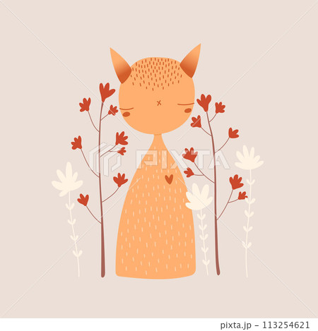 Cute orange cat on a floral background, vector illustration. Greeting card, birthday card design. Cute orange cat on a floral background, vector illustration. Greeting card, birthday card design. 113254621