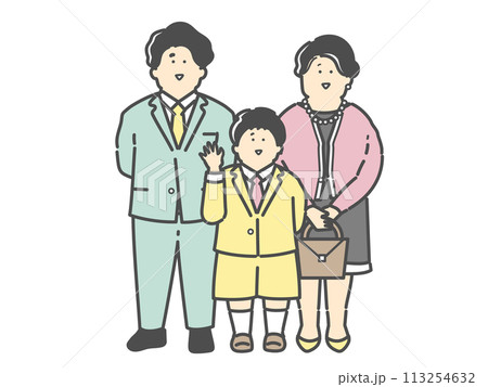 フォーマルな服装の若い夫婦と子供の家族イラスト（入園式　卒園式　入学式　卒業式） 113254632