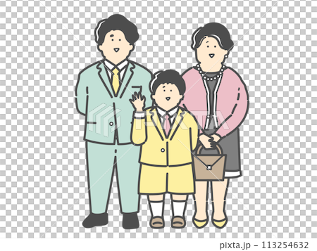 フォーマルな服装の若い夫婦と子供の家族イラスト（入園式　卒園式　入学式　卒業式） 113254632