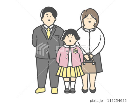 フォーマルな服装の若い夫婦と子供の家族イラスト（入園式　卒園式　入学式　卒業式） 113254633